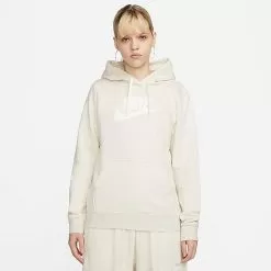 Women's Nike Sportswear Logo Club Fleece Pullover Hoodie Oatmeal Heather/White - DQ5775 141