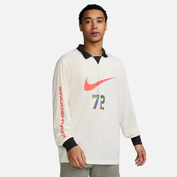 Men's Nike Sportswear SwooshTrax Graphic Long-Sleeve Collared Top Phantom/Black/Bright Crimson - DX0048 030 1 Men's Nike Sportswear SwooshTrax Graphic Long-Sleeve Collared Top Phantom/Black/Bright Crimson - DX0048 030