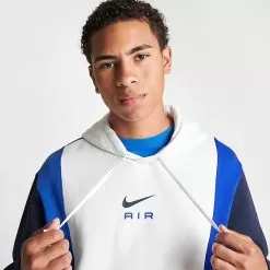 Men's Nike Air Retro Swoosh Fleece Pullover Hoodie Summit White/Obsidian/Game Royal - FN7691 122 -Fashion Clothing Shop FN7691 122 M5